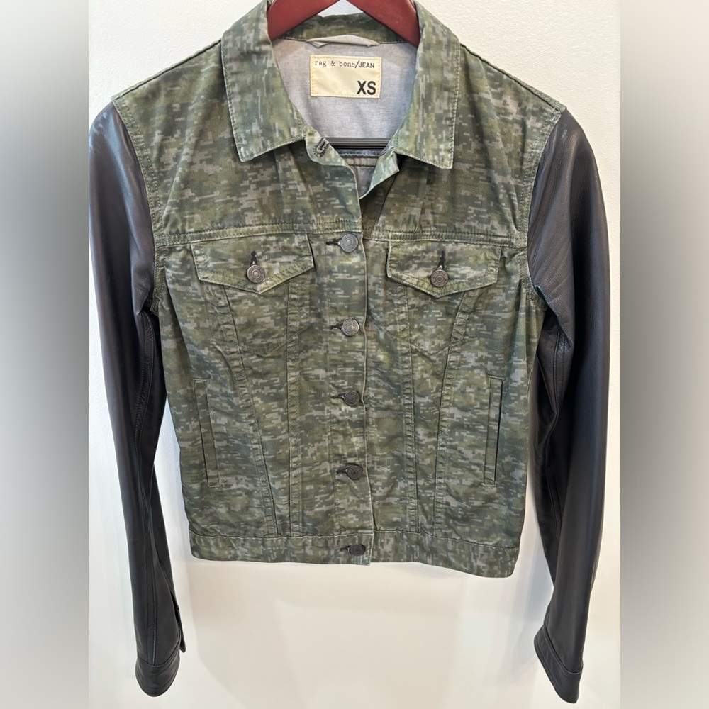 Rag & Bone/JEAN Camo Jacket with Lamb Skin Leather Sleeves